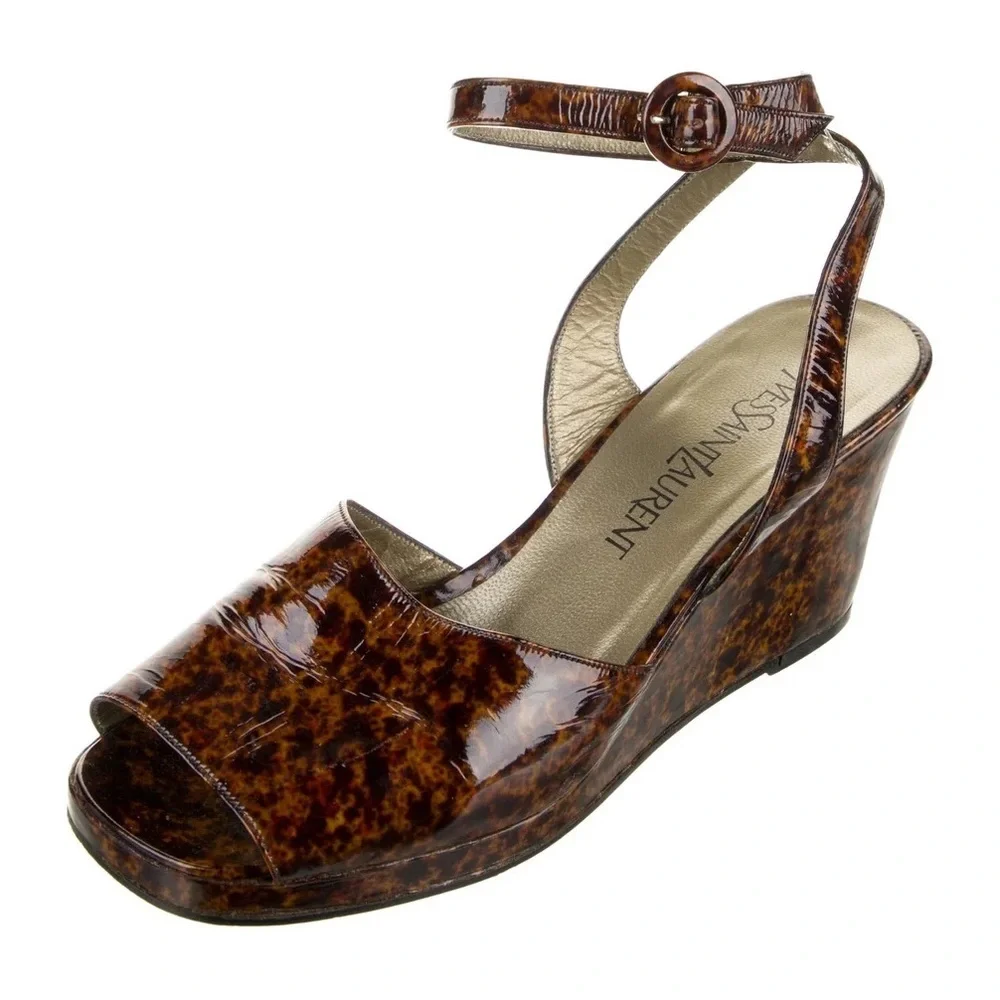Yves Saint Laurent Vintage Y2K 90s Brown Patent Leather Animal Print Sandals 8.5